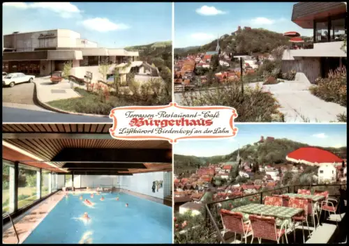 Biedenkopf Mehrbildkarte mit Ortsansichten u.a. Hallenbad Terrassen-Restaurant Café 1975