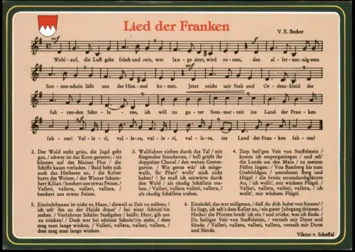 Liedkarte Lied der Franken Noten mit Liedtext V. E. Becker 1990