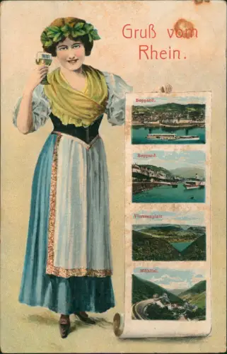 Ansichtskarte Boppard Weinkönigin Mehrbild Stadt Vierseenplatz 1916