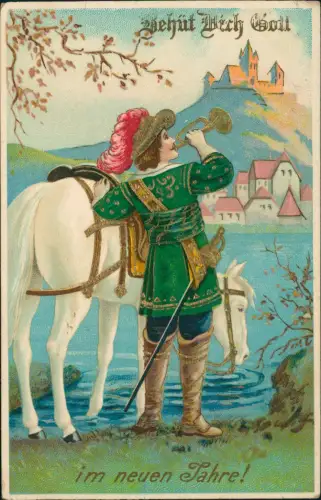 Ansichtskarte  Neujahr Sylvester New Year Trompter Prägekarte 1910 Gold