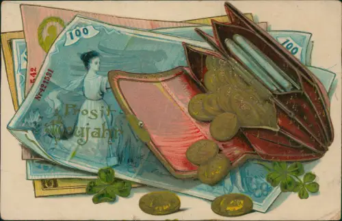 Neujahr Sylvester New Year Geldscheine und Goldmünzen 1913 Goldprägung