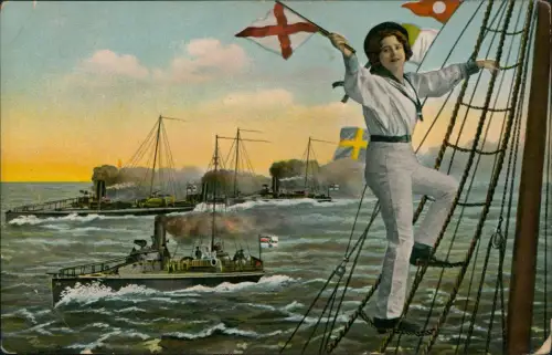Ansichtskarte  Schiffe Schifffahrt Kriegsschiffe Marine Frau Patriotika 1915