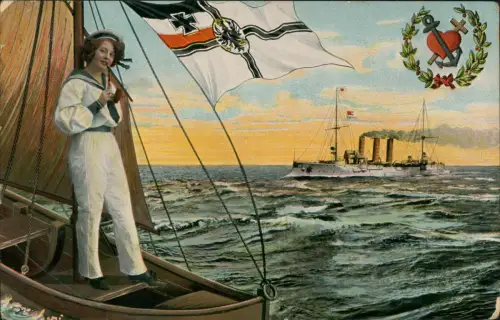 Ansichtskarte  Schiffe Kriegsschiffe Marine Frau mit Pfeife Patriotika 1915