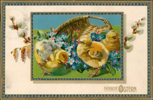 Ansichtskarte  Ostern Easter Korb Küken 1916 Goldprägung