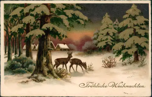 Weihnachten Christmas Rehe am Waldesrand Gold-Tannen 1931 Goldprägung
