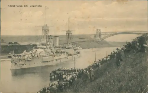Ansichtskarte Suchsdorf-Kiel Levensauer Hochbrücke Kriegsschiff 1922
