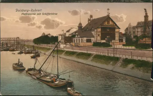 Ansichtskarte Ruhrort-Duisburg Ruhrorterhafen mit Schifferbörse 1909