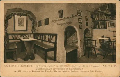 Ansichtskarte Adorf (Vogtland) Goethe Stübchen Gasthof zum Löwen 1928