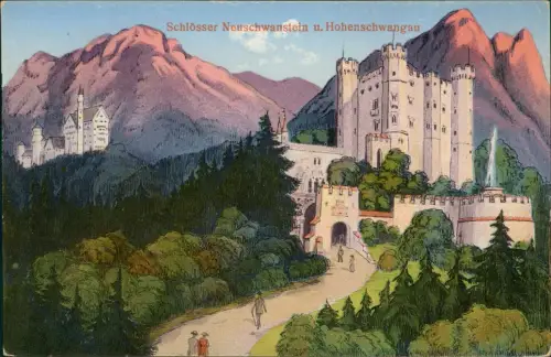 Schwangau Künstlerkarte Schloss Neuschwanstein u. Hohenschwangau 1912