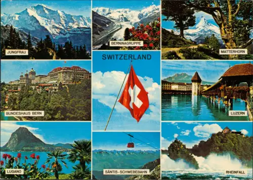 .Schweiz Mehrbildkarte Schweiz mit Berggipfeln, Städten und Rheinfall 1970