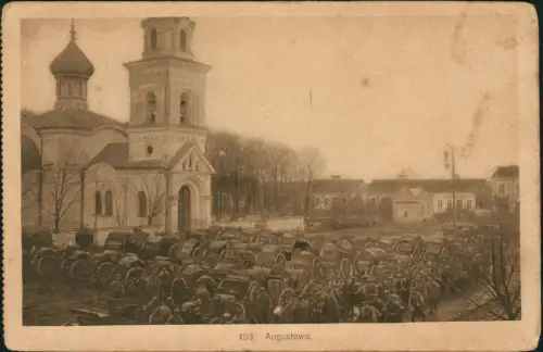 Postcard Augustowo Augustów Soldaten vor Kirche 1915