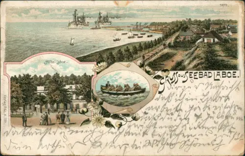 Ansichtskarte Litho AK Laboe Gruss aus Hotel Kriegschiffe Totale 1900