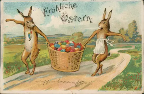 Ansichtskarte  Ostern Easter Osterhasen tragen Korb mit bunten Eiern 1904
