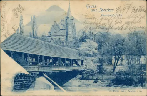 Ansichtskarte Zwickau Paradiesbrücke Blaudruck AK 1899