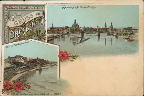 Litho AK Dresden 2 Bild Carolabrücke Helbigs Etablissement. 1899