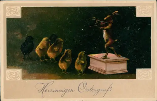 Ansichtskarte  Ostern Easter Küken Osterhase mit Geige Künstlerkarte 1912
