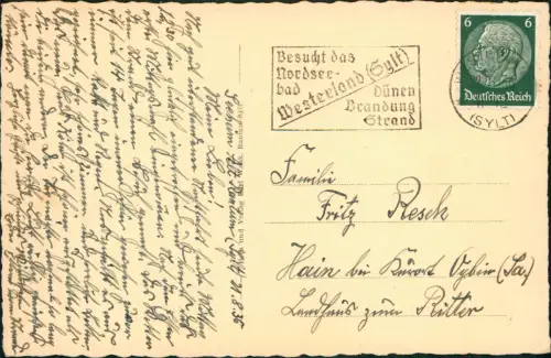 Ansichtskarte Insel Sylt Wanderdüne 1936