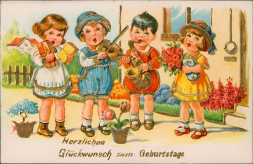 Ansichtskarte  Geburtstag Birthday Kinder Geschenke Geige 1933 Gold