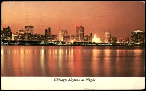Postcard Chicago Skyline bei Nacht 1970
