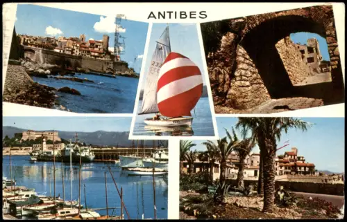CPA Antibes Mehrbildkarte mit Hafen, Altstadt und Segelboot 1974