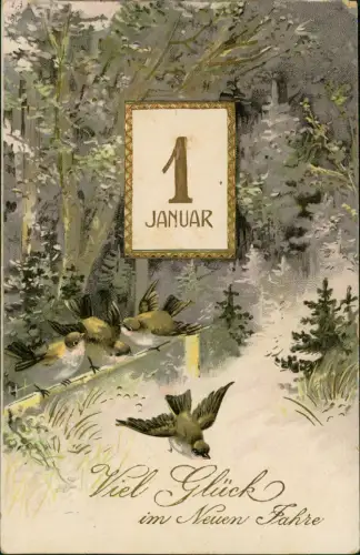 Ansichtskarte  Neujahr Sylvester New Year 1. Januar Gold Vögel 1914 Gold