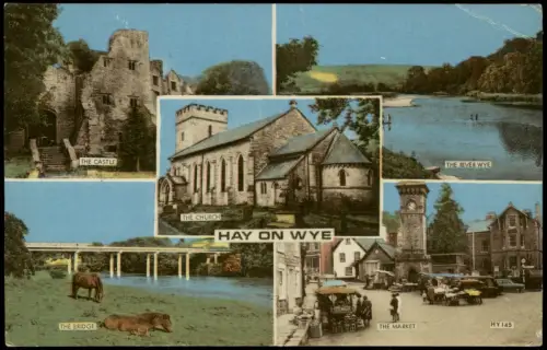 Postcard Hay-on-Wye MB mit Burg, Kirche, Brücke, Fluss und Markt 1971