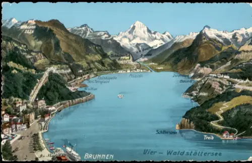 Flüelen Panorama des Vierwaldstättersees mit Brunnen und Flüelen 1954