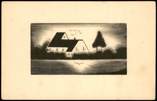 Ansichtskarte  Stilisierte Grafik eines Hauses mit Vögeln und Baum 1940
