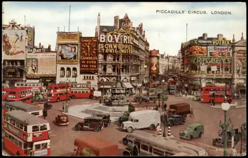 Postcard London Piccadilly Circus mit Eros-Statue und Leuchtreklamen 1956