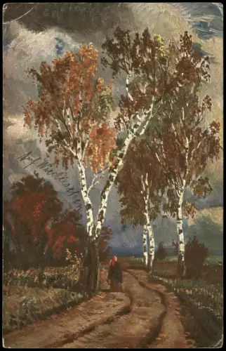 Ansichtskarte  Künstlerkarte Weg mit Birken Mann und Frau 1917