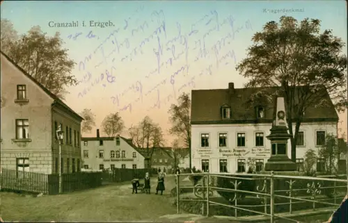 Ansichtskarte Cranzahl-Sehmatal Drogerie Magnus Bach Kriegerdenkmal 1911