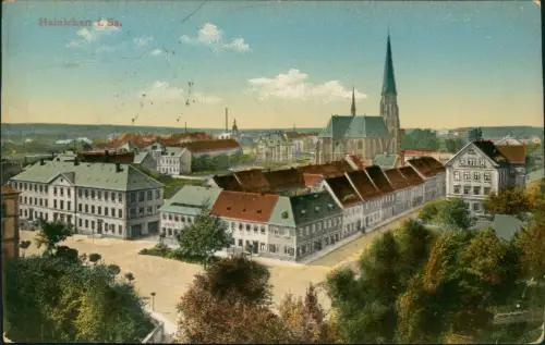 Ansichtskarte Hainichen Straßensicht - Totale 1915 Bahnpoststempel  Feldpost
