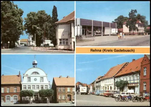 Rehna Schweriner Straße, Kaufhalle und Post, Rathaus, Markt b Wismar 1978