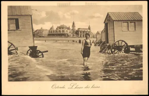 Ostende Oostende L'heure des bains. Frau zwischen Umkleidewagen 1919