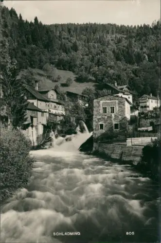 Ansichtskarte Schladming Stadtpartie Fluß Fotokarte 1937