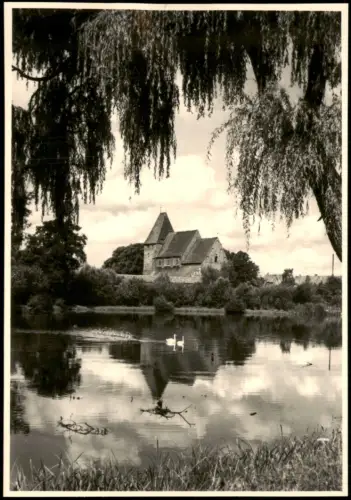 Ansichtskarte Rehna Fotokarte mit Ortsansicht, Weiher Schwäne 1970