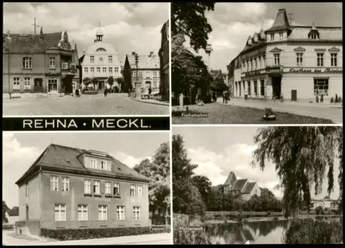 Rehna DDR Mehrbildkarte mit 4 Ortsansichten u.a. Kaufhaus des Friedens 1975