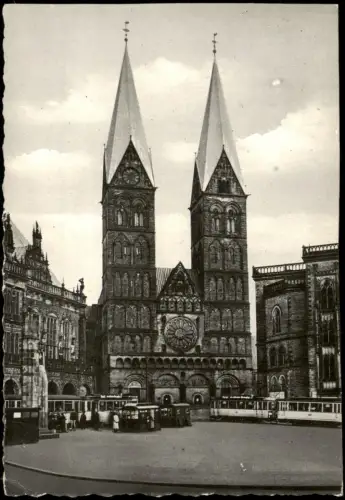 Ansichtskarte Bremen Marktplatz mit Dom, Tram Straßenbahn Haltestelle 1954