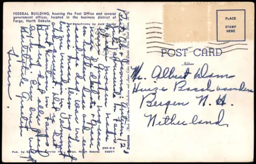 Postcard Fargo Federal Building mit Postamt 1957