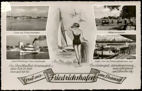 Friedrichshafen Mehrbildkarte  Hafen Uferpromenade Schiff Stadt Überlingen 1957