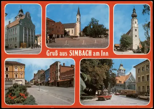 Simbach (Inn) Mehrbildkarte Gebäude, Kirche, Straßen, Bank, Autos 1980