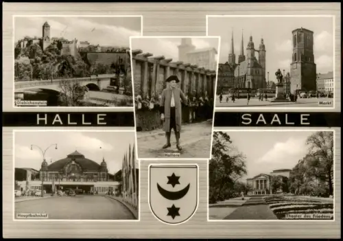 Halle (Saale) DDR Mehrbild-AK u.a. mit Hauptbahnhof, Markt, Hallore,  1964