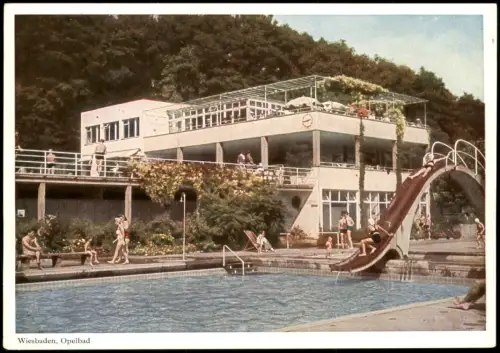 Ansichtskarte Wiesbaden Opelbad Freibad belebt Schwimmbad 1959