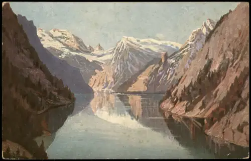 Schönau am Königssee Königssee  Föhnstimmung Gemälde Zeller Künstlerkarte 1910
