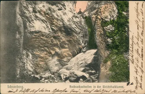 Schneeberg (bei Puchberg) Rucksackaufseilen in der Weichthalklamm. 1905