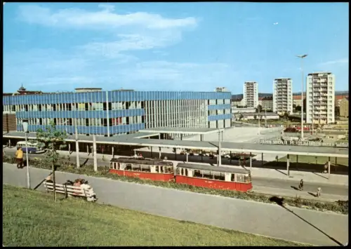 Plauen (Vogtland) Partie am oberen Bahnhof, Straßenbahn und Punkthäuser 1977
