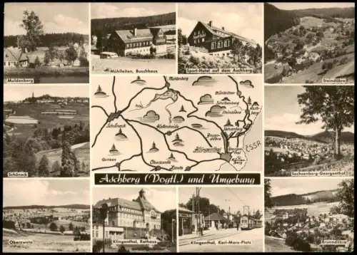 .Vogtland DDR Mehrbild-AK Aschberg Vogtland Landkarte und Orte 1963