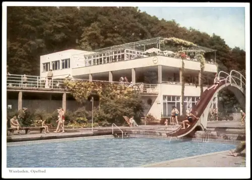Ansichtskarte Wiesbaden Opelbad Freibad belebt Schwimmbad 1959