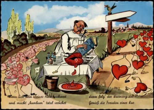 Bad Orb Scherz Humorkarte Arzt mit Herzen "Warnung der Natur" 1968