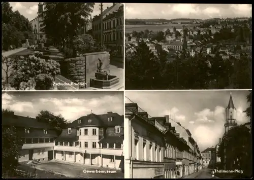 Markneukirchen Mehrbildansicht mit Gewerbemuseum, Thälmann-Platz und Zschucke-Brunnen 1968